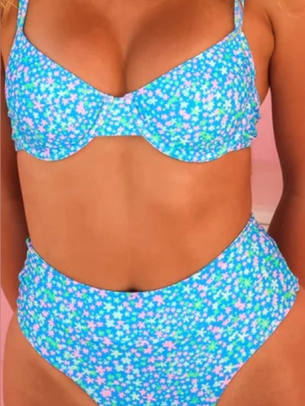 Kulani Kinis Turquoise Floral Underwire Bikini Top with Pink & Green Accents